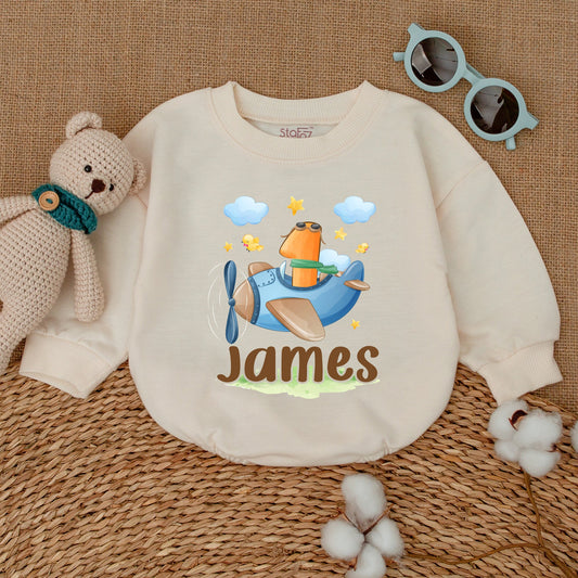 Personalized Blue Cartoon Airplane First Birthday Boy Romper Smash Cake Whimsical Pilot Number One Aviator Baby Bodysuit Shower Gift