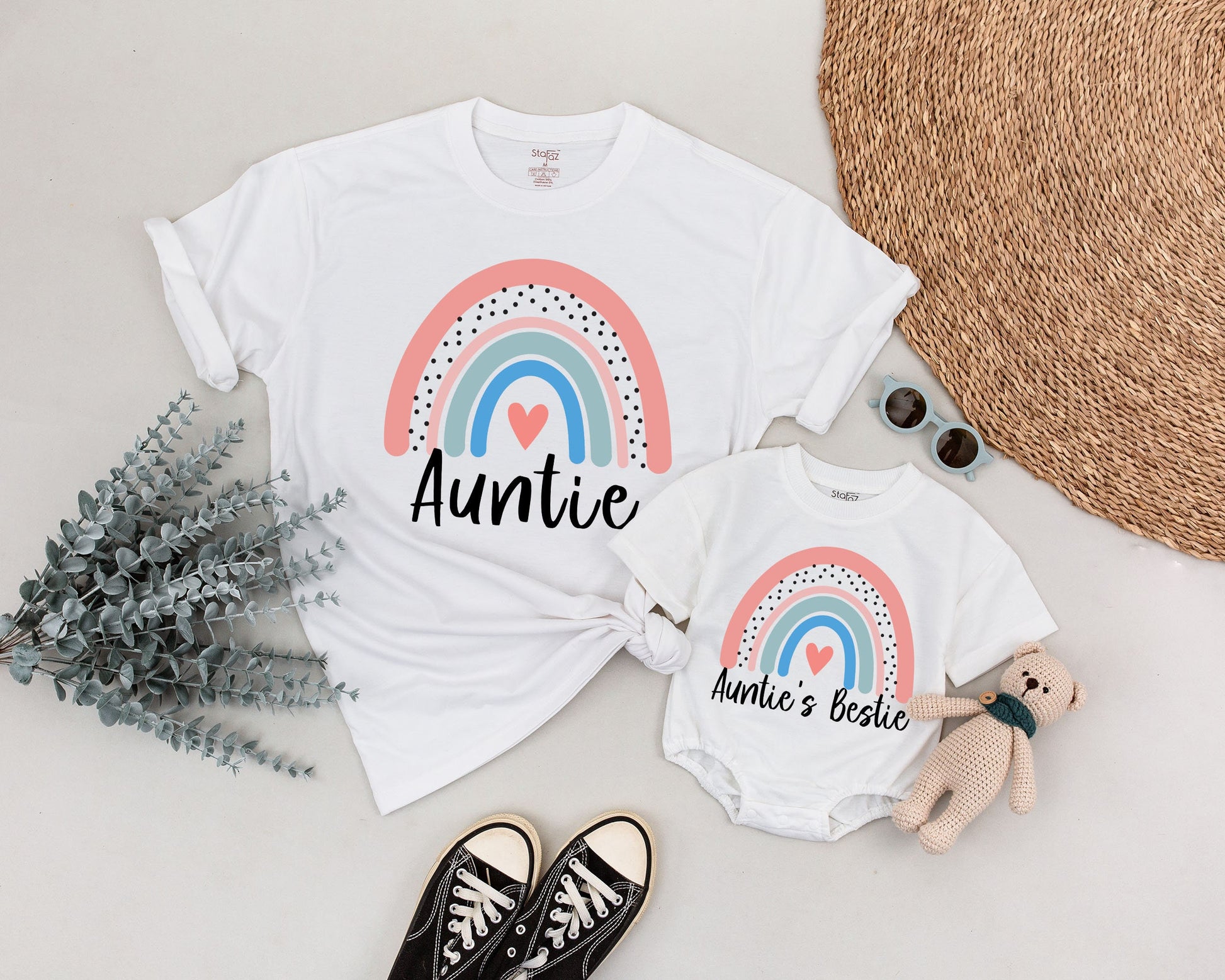 Personalized Auntie and Bestie Matching Shirts Pastel Rainbow Heart Design Toddler Baby Aunt Niece Nephew Gift Set Family Reveal Outfit Announcement Idea
