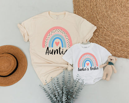 Personalized Auntie and Bestie Matching Shirts Pastel Rainbow Heart Design Toddler Baby Aunt Niece Nephew Gift Set Family Reveal Outfit Announcement Idea