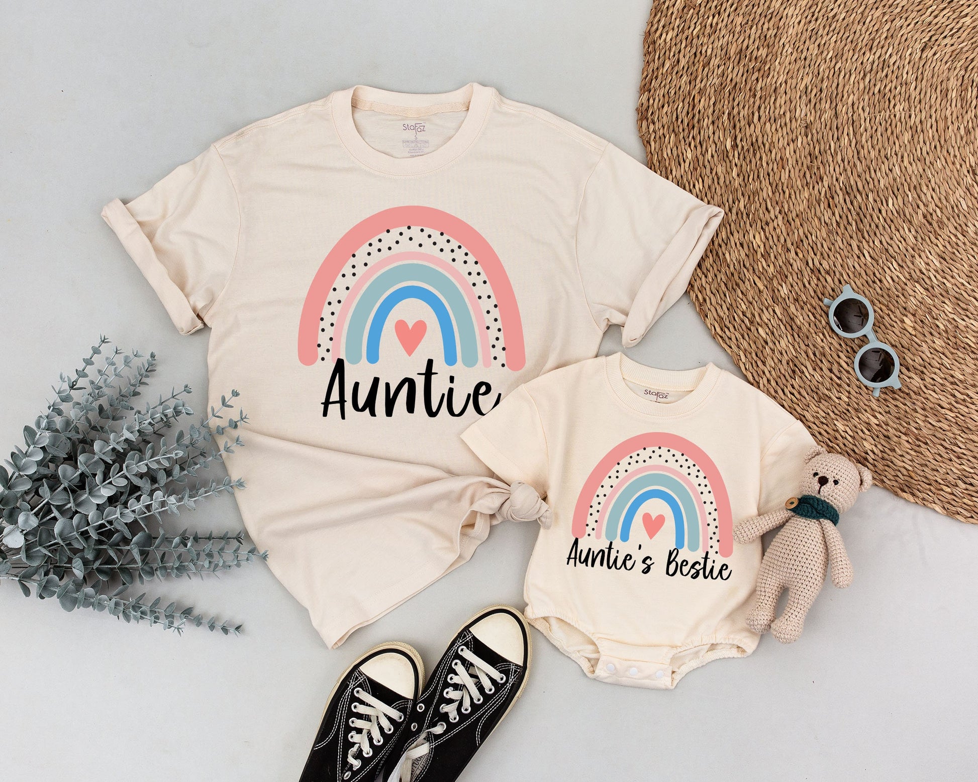 Personalized Auntie and Bestie Matching Shirts Pastel Rainbow Heart Design Toddler Baby Aunt Niece Nephew Gift Set Family Reveal Outfit Announcement Idea