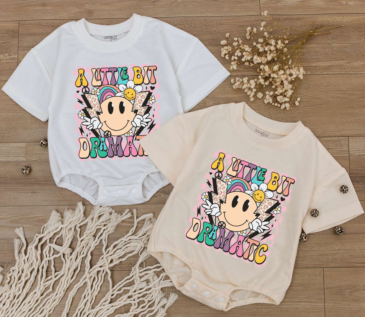 Groovy Little Bit Dramatic Baby Romper Outfit Smiley Face Bodysuit Funny Saying Toddler Tee Retro Clothes Gift for Kid First Birthday Neutral Outfit 138