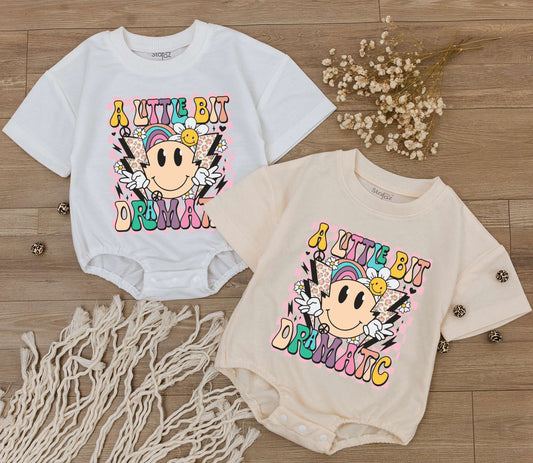 Groovy Little Bit Dramatic Baby Romper Outfit Smiley Face Bodysuit Funny Saying Toddler Tee Retro Clothes Gift for Kid First Birthday Neutral Outfit 138