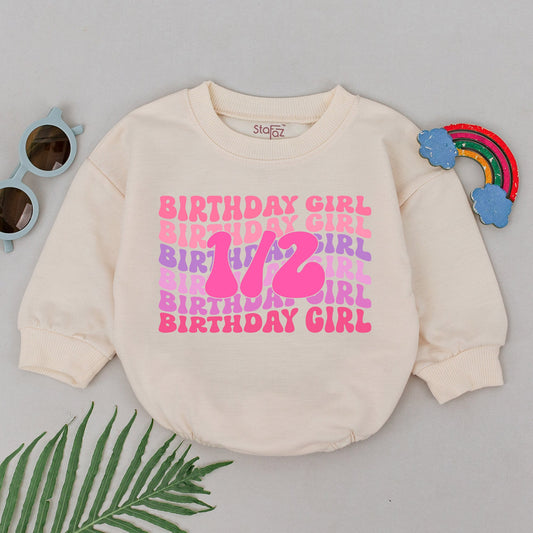 Retro Half Birthday Girl Romper Pink Lavender Wavy 1/2 Design Baby Outfit 6 Months Old Half Way To One Celebration Gift Newborn Clothes