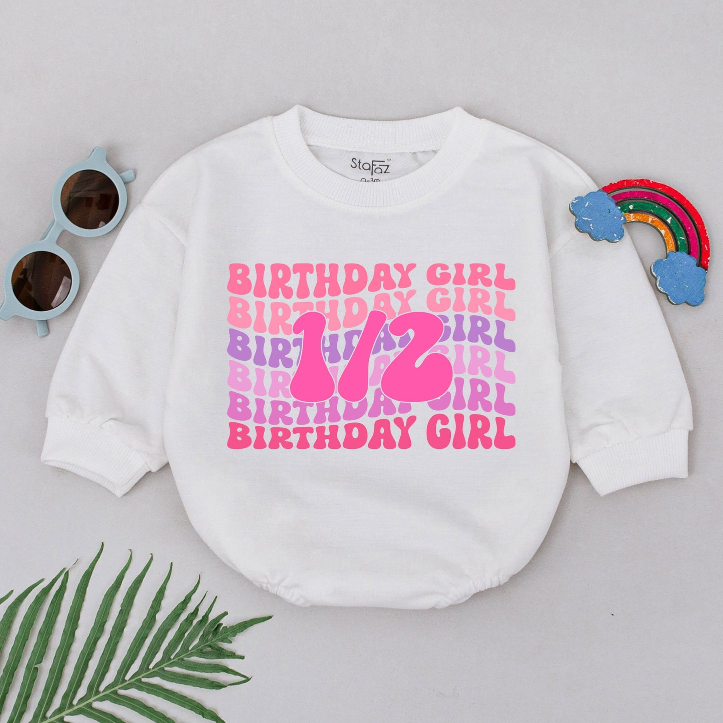Retro Half Birthday Girl Romper Pink Lavender Wavy 1/2 Design Baby Outfit 6 Months Old Half Way To One Celebration Gift Newborn Clothes