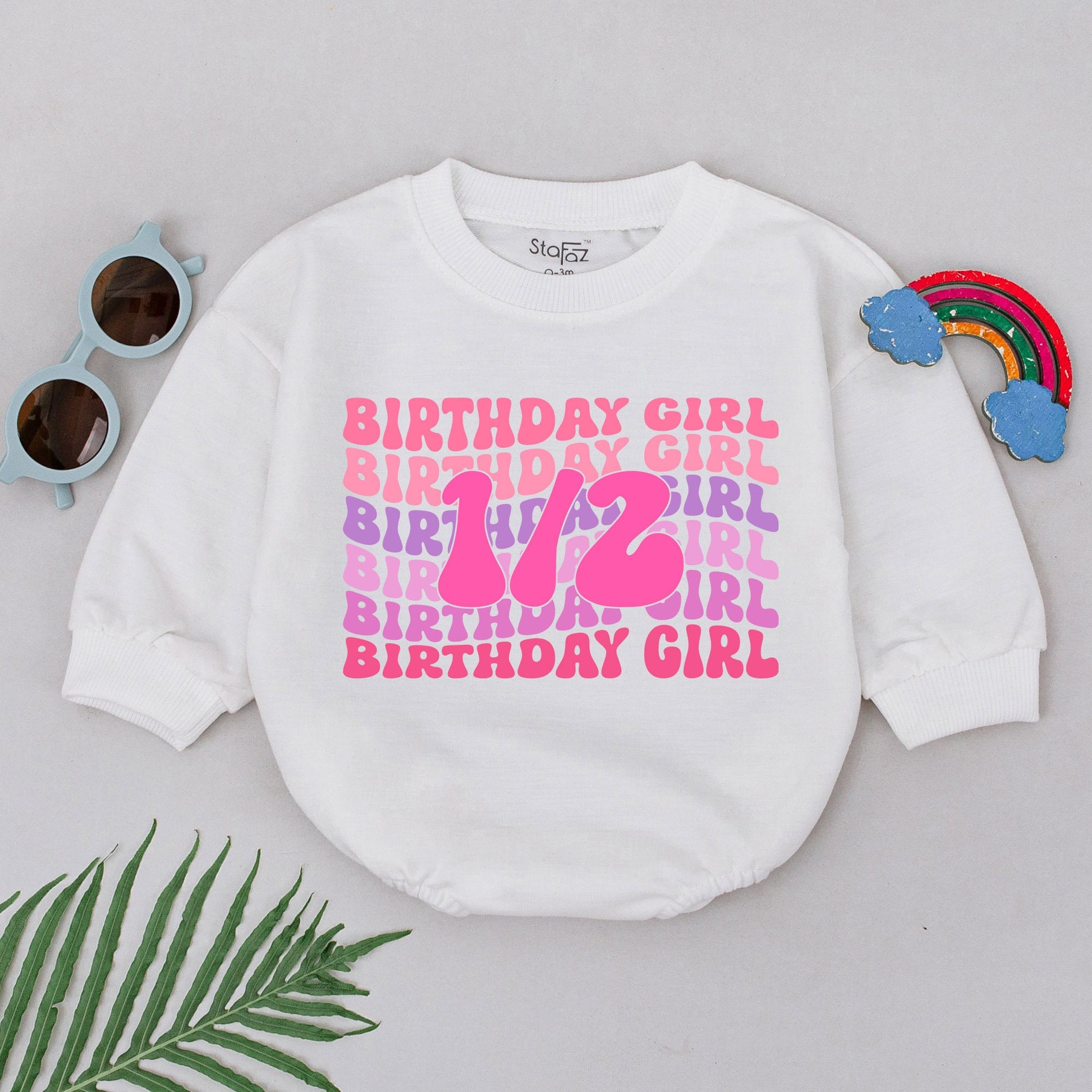 Retro Half Birthday Girl Romper Pink Lavender Wavy 1/2 Design Baby Outfit 6 Months Old Half Way To One Celebration Gift Newborn Clothes