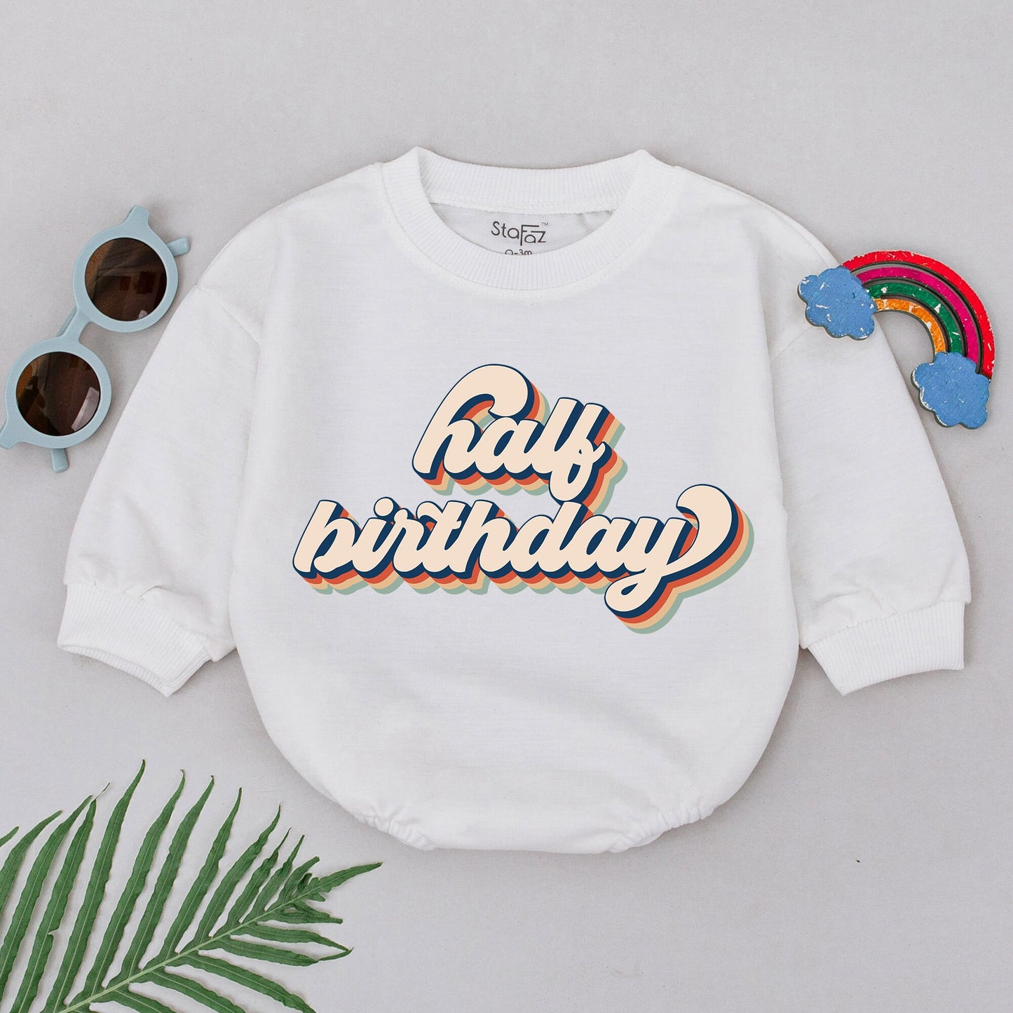 Retro Half Birthday Romper 6 Month Baby Outfit Vintage Shadow Design Half Way To One Celebration Bodysuit Playful Beige Orange Teal Navy Boy Girl Gift
