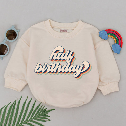 Retro Half Birthday Romper 6 Month Baby Outfit Vintage Shadow Design Half Way To One Celebration Bodysuit Playful Beige Orange Teal Navy Boy Girl Gift