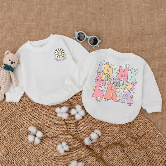 Personalized In My Birthday Era Baby Girl Romper with Caroline Smiley Daisy Fun Retro Pastel First Birthday Smash Cake Outfit