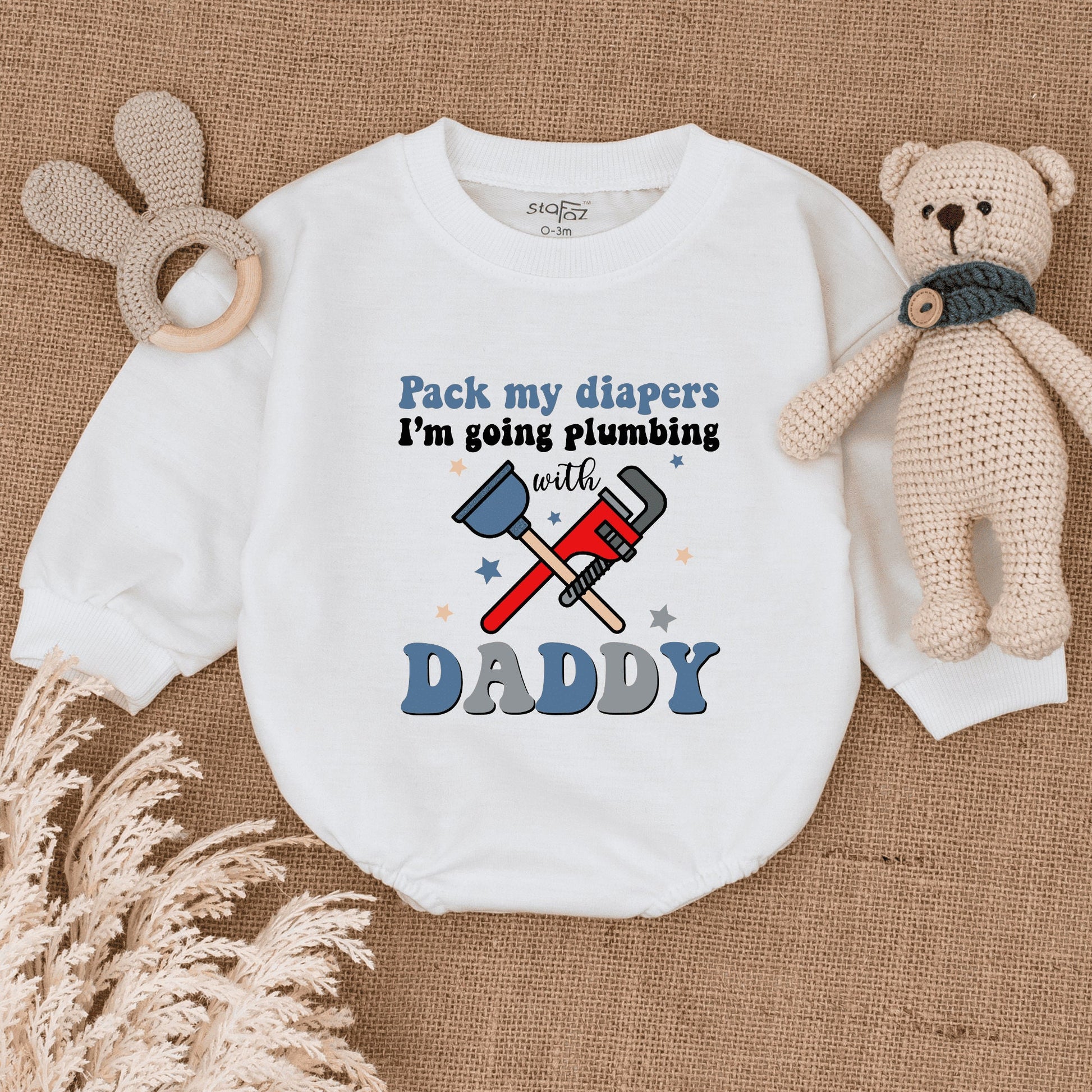Pack My Diapers Plumbing with Daddy Romper: Funny Father's Day Gift, Newborn Outfit, Plumber Baby Clothes, Blue & Red Wrench Stars, Cute Bodysuit 138
