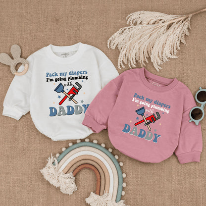 Pack My Diapers Plumbing with Daddy Romper: Funny Father's Day Gift, Newborn Outfit, Plumber Baby Clothes, Blue & Red Wrench Stars, Cute Bodysuit 138