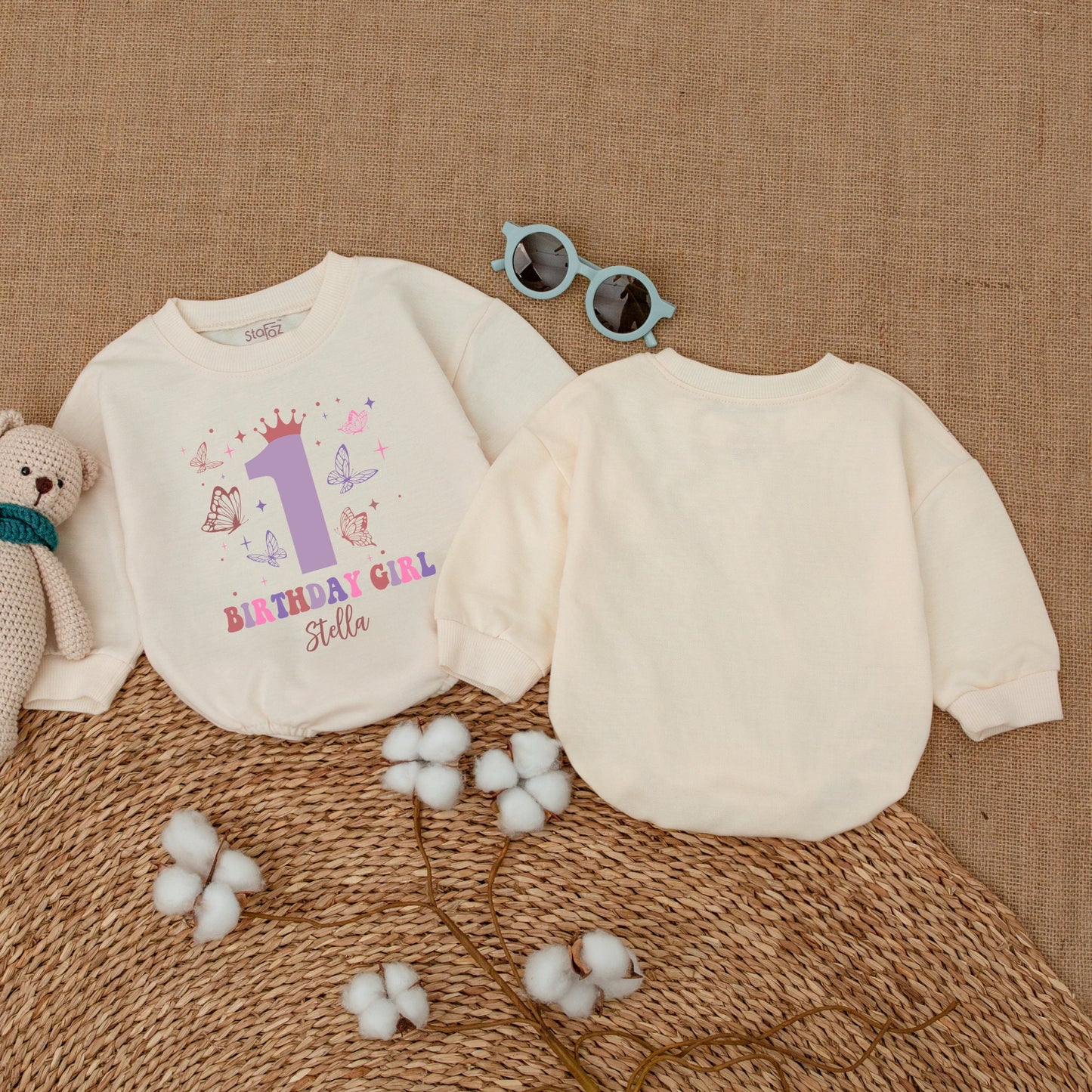 Personalized Butterfly First Birthday Girl Romper with Crown Pink Purple Wavy Design Baby Bodysuit Bubble Outfit Celebratory Gift