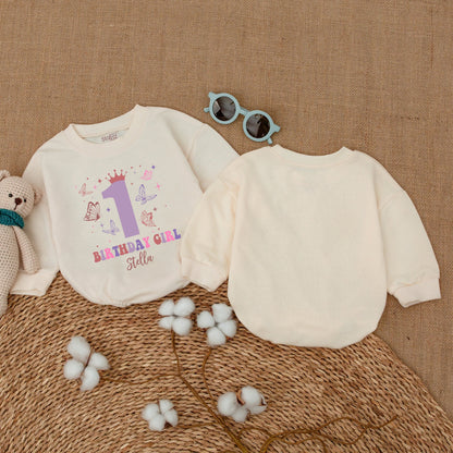 Personalized Butterfly First Birthday Girl Romper with Crown Pink Purple Wavy Design Baby Bodysuit Bubble Outfit Celebratory Gift