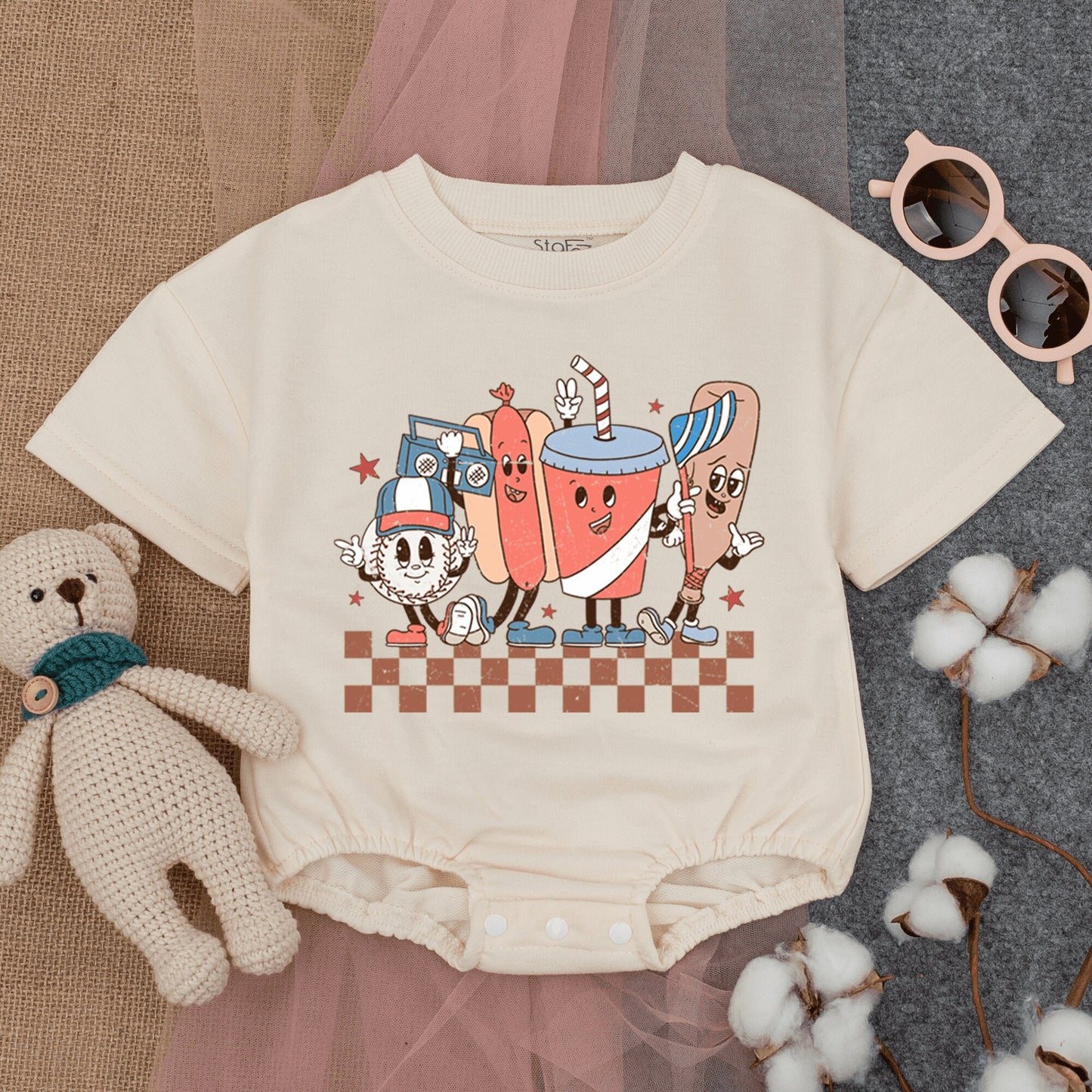 Groovy Retro Baseball Game Romper Short Sleeve Baby Bodysuit featuring fun cartoon characters like a hotdog baseball and soda for infant boys girls