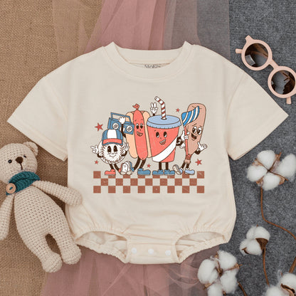 Groovy Retro Baseball Game Romper Short Sleeve Baby Bodysuit featuring fun cartoon characters like a hotdog baseball and soda for infant boys girls