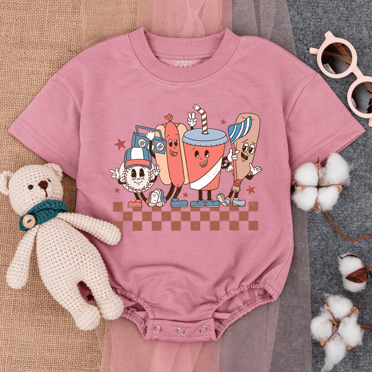 Groovy Retro Baseball Game Romper Short Sleeve Baby Bodysuit featuring fun cartoon characters like a hotdog baseball and soda for infant boys girls