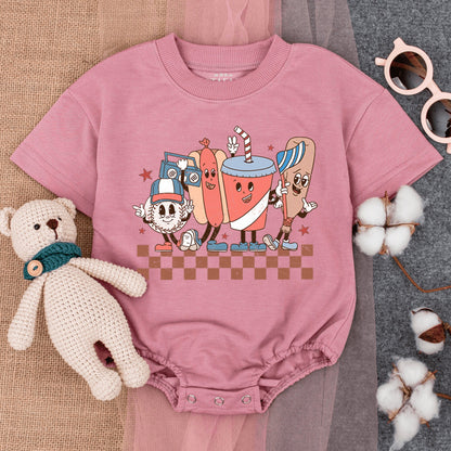Groovy Retro Baseball Game Romper Short Sleeve Baby Bodysuit featuring fun cartoon characters like a hotdog baseball and soda for infant boys girls