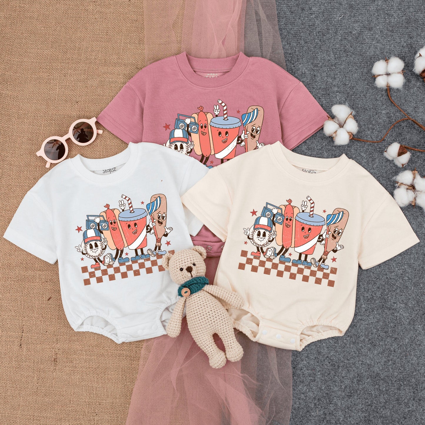 Groovy Retro Baseball Game Romper Short Sleeve Baby Bodysuit featuring fun cartoon characters like a hotdog baseball and soda for infant boys girls