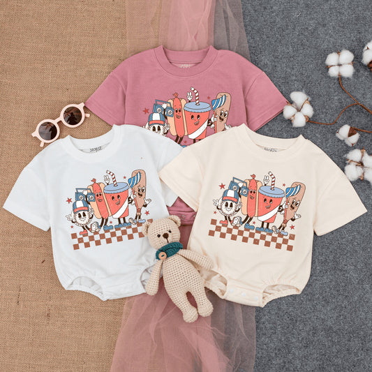Groovy Retro Baseball Game Romper Short Sleeve Baby Bodysuit featuring fun cartoon characters like a hotdog baseball and soda for infant boys girls