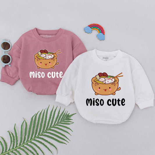 Miso Cute Baby Romper for Girls Boys Smiling Cartoon Miso Soup Bodysuit Noodles Tofu Seaweed Asian Food Newborn Shower Gift Minimalist Outfit