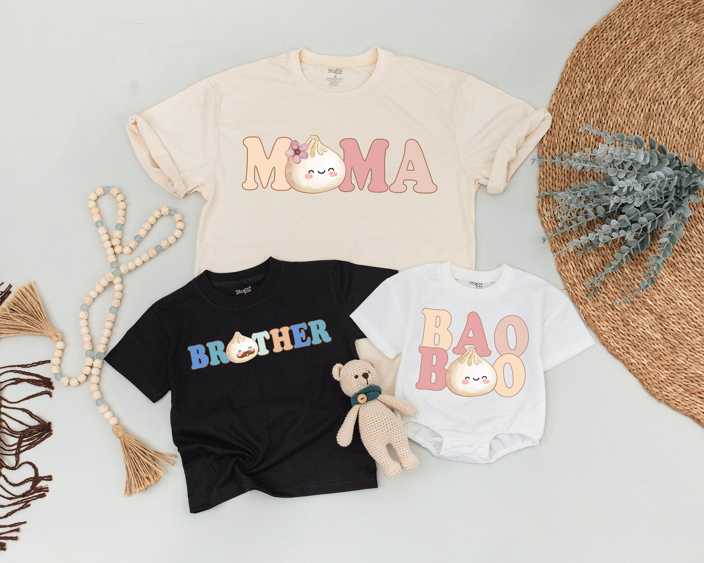 Custom Name Baby Bao Matching Shirts Little Dumpling Outfit Pregnancy Reveal Newborn Coming Home Baby Shower Gift Family Retro Pastel Design