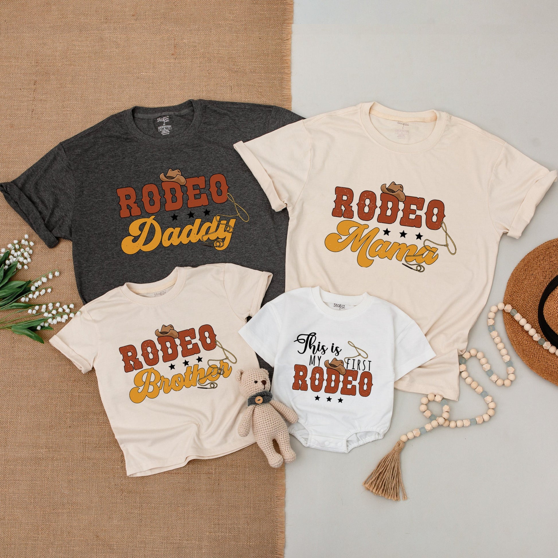 This Is My First Rodeo Toddler Shirt 1st Birthday Western Cowboy Baby Bodysuit Matching Family Outfit Vintage Retro Brown Golden