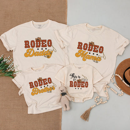 This Is My First Rodeo Toddler Shirt 1st Birthday Western Cowboy Baby Bodysuit Matching Family Outfit Vintage Retro Brown Golden