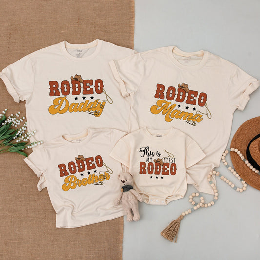 This Is My First Rodeo Toddler Shirt 1st Birthday Western Cowboy Baby Bodysuit Matching Family Outfit Vintage Retro Brown Golden