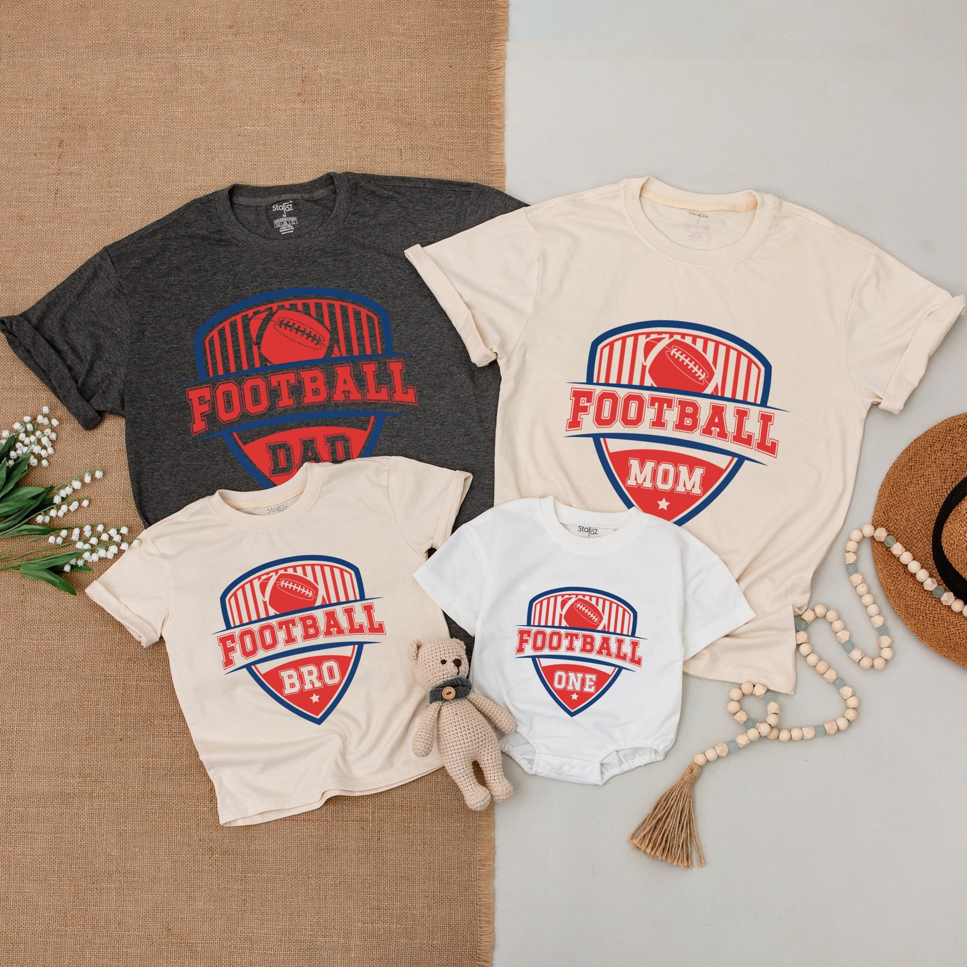 Football First Birthday Family Matching Shirts Red Blue Shield Design Baby Bodysuit Toddler T-Shirt One Year Old Boy Celebration