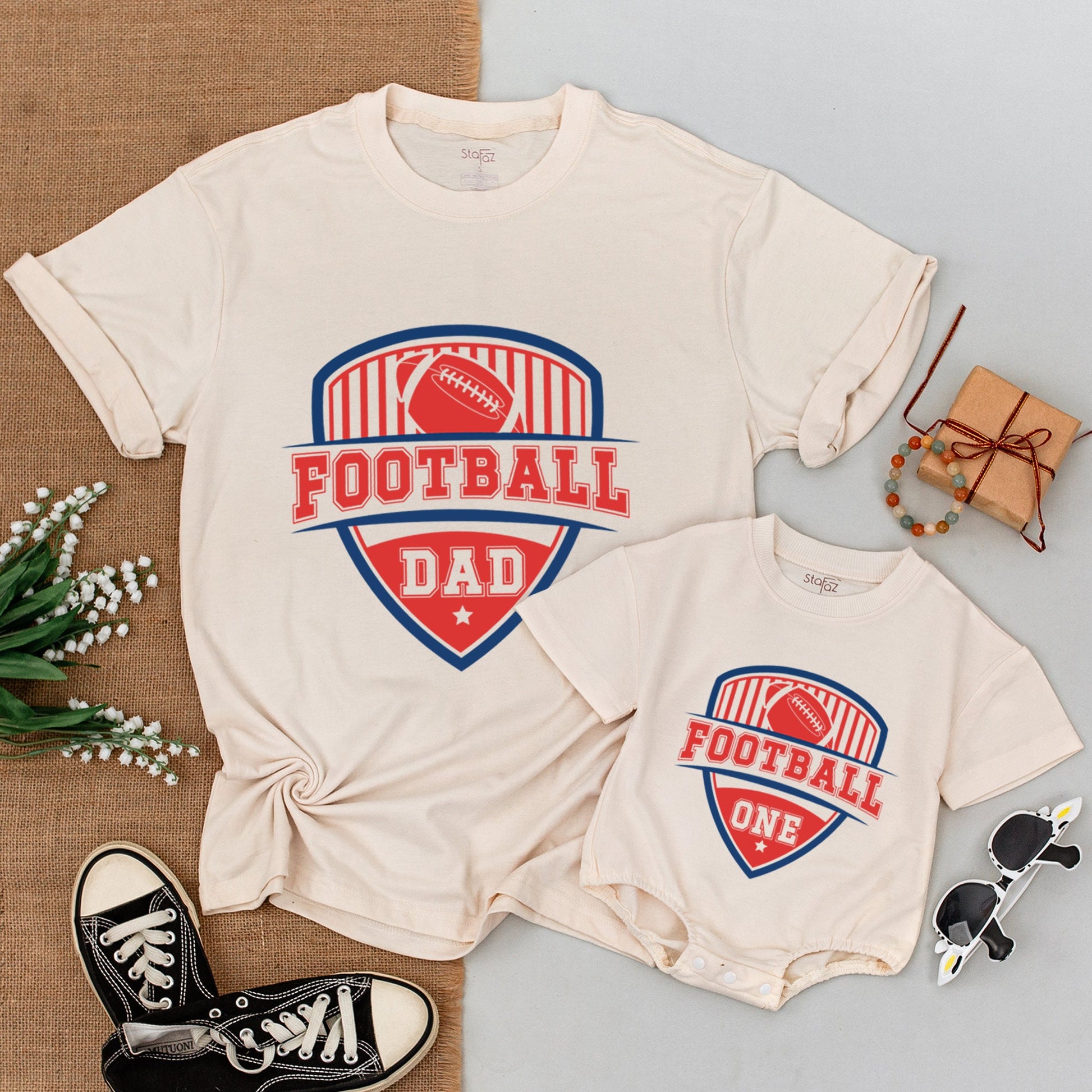 Football First Birthday Family Matching Shirts Red Blue Shield Design Baby Bodysuit Toddler T-Shirt One Year Old Boy Celebration
