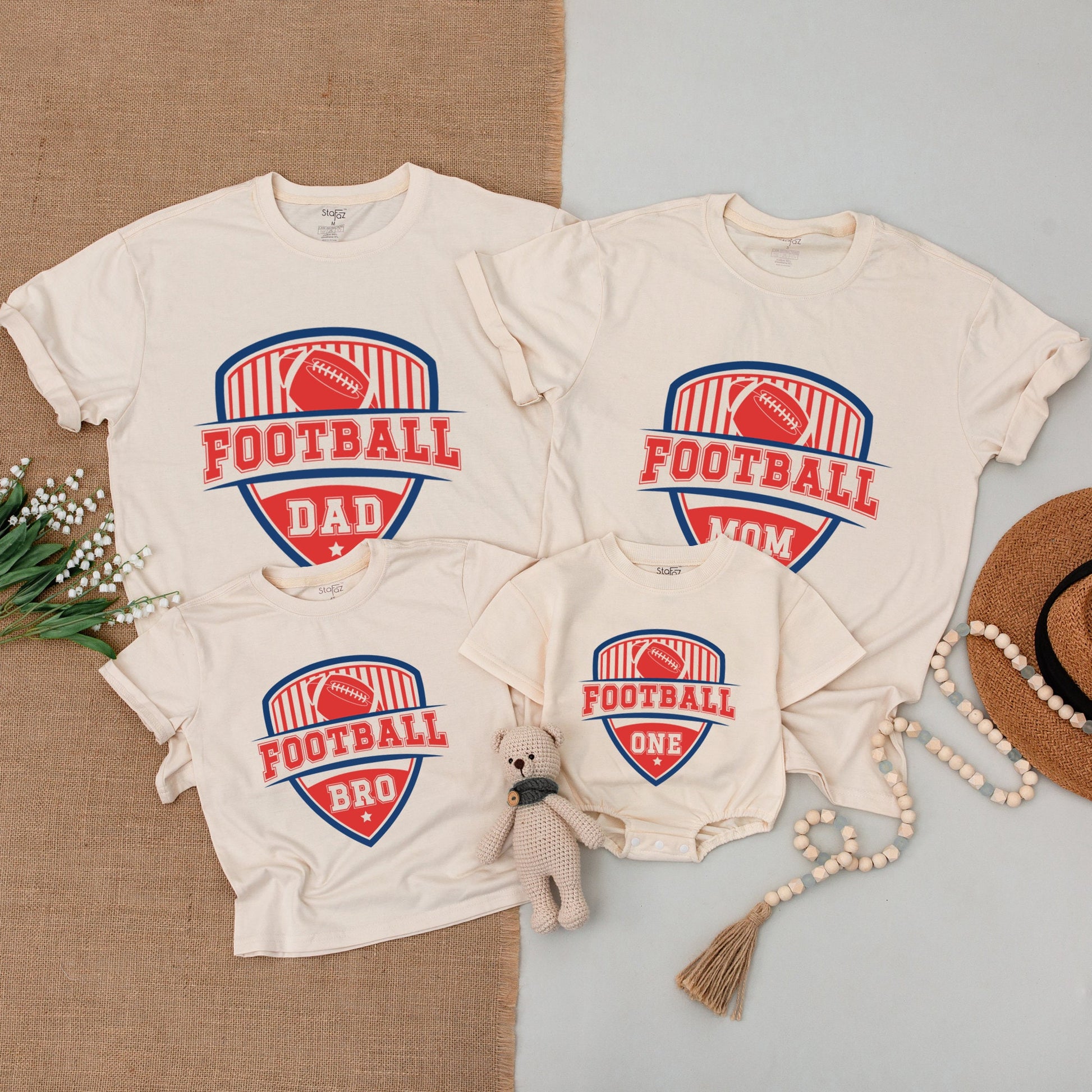 Football First Birthday Family Matching Shirts Red Blue Shield Design Baby Bodysuit Toddler T-Shirt One Year Old Boy Celebration