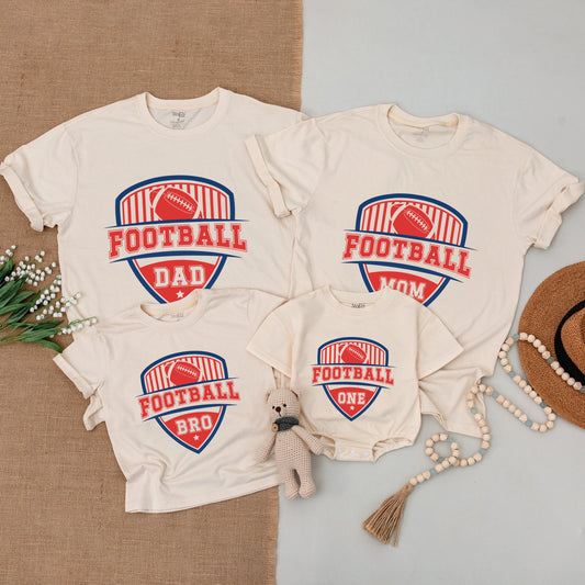 Football First Birthday Family Matching Shirts Red Blue Shield Design Baby Bodysuit Toddler T-Shirt One Year Old Boy Celebration