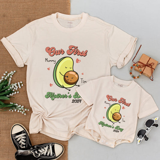 Our First Mother's Day Matching Avocado Shirt with Baby Face Pit Design, Cute Mommy and Me Outfit for New Moms 2024 Celebration