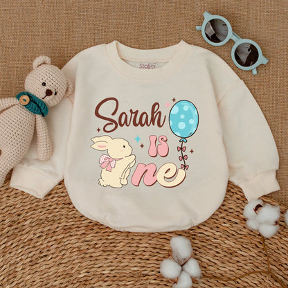 Personalized Some Bunny Is One Birthday Romper for Baby Girl Sarah, Adorable First Birthday Smash Cake Outfit Pink Bow Blue Polka Dots