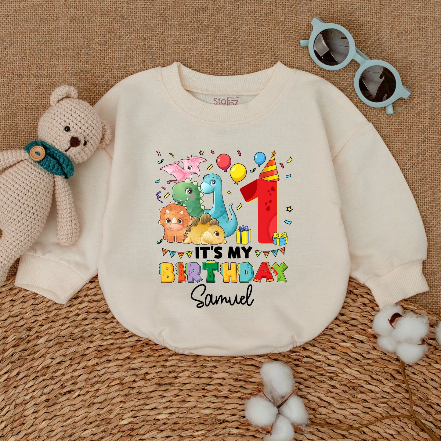 Personalized It's My First Birthday Dinosaur Romper for Baby Boy Cake Smash Outfit Bodysuit Newborn Bubble Romper Party Confetti Design