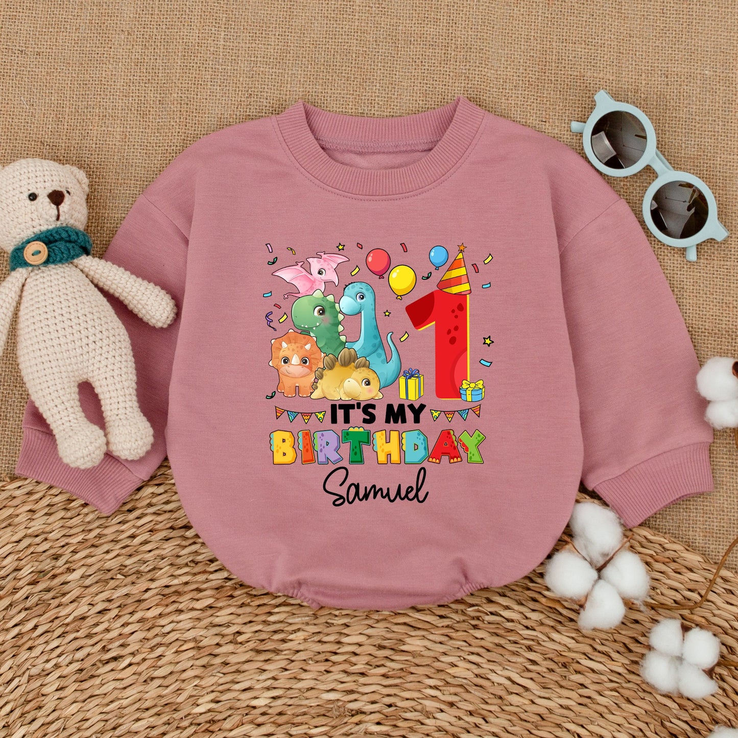 Personalized It's My First Birthday Dinosaur Romper for Baby Boy Cake Smash Outfit Bodysuit Newborn Bubble Romper Party Confetti Design