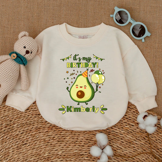 Personalized It's My BIRTHDAY! Avocado Bubble Romper Baby Girl First Birthday Cake Smash Outfit Holy Guacamole Bodysuit with Party Hat
