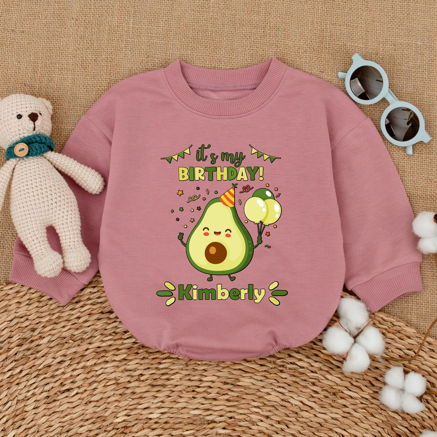Personalized It's My BIRTHDAY! Avocado Bubble Romper Baby Girl First Birthday Cake Smash Outfit Holy Guacamole Bodysuit with Party Hat