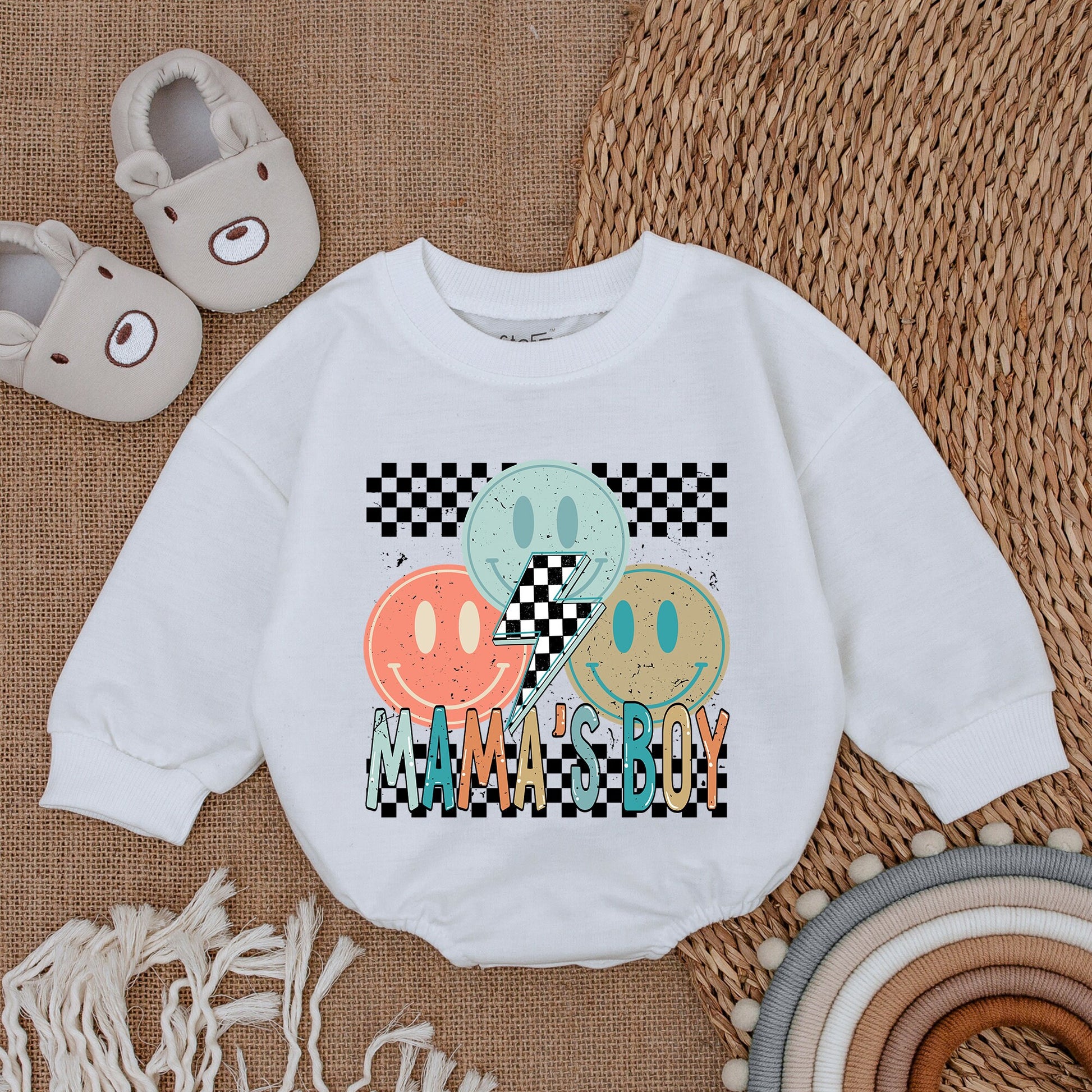 Mama's Boy Retro Romper & Bodysuit with Cheerful Smiling Faces Peach Blue Brown Checkered Lightning Bolt Vintage Baby Outfit Infant Gift