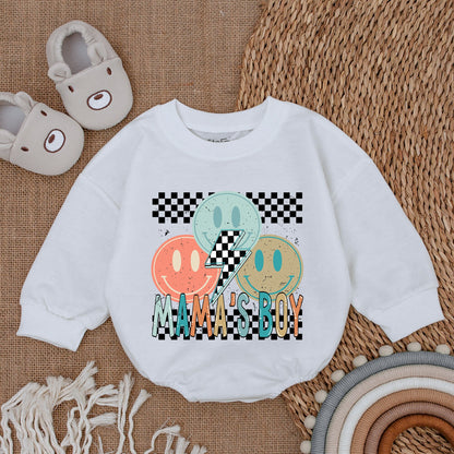 Mama's Boy Retro Romper & Bodysuit with Cheerful Smiling Faces Peach Blue Brown Checkered Lightning Bolt Vintage Baby Outfit Infant Gift