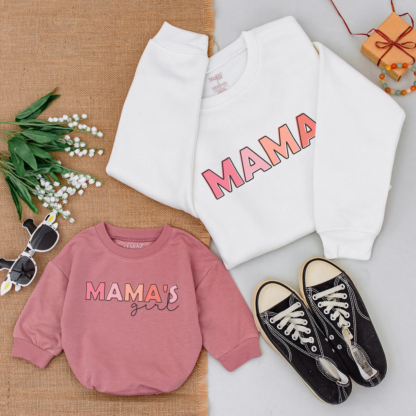 Matching Mama Mini Sweatshirts & Romper Mother Daughter Outfit Pink Gradient MAMA'S Girl Bold Blocky Simple Modern Soft Comfortable Baby Girl New Mom Gift