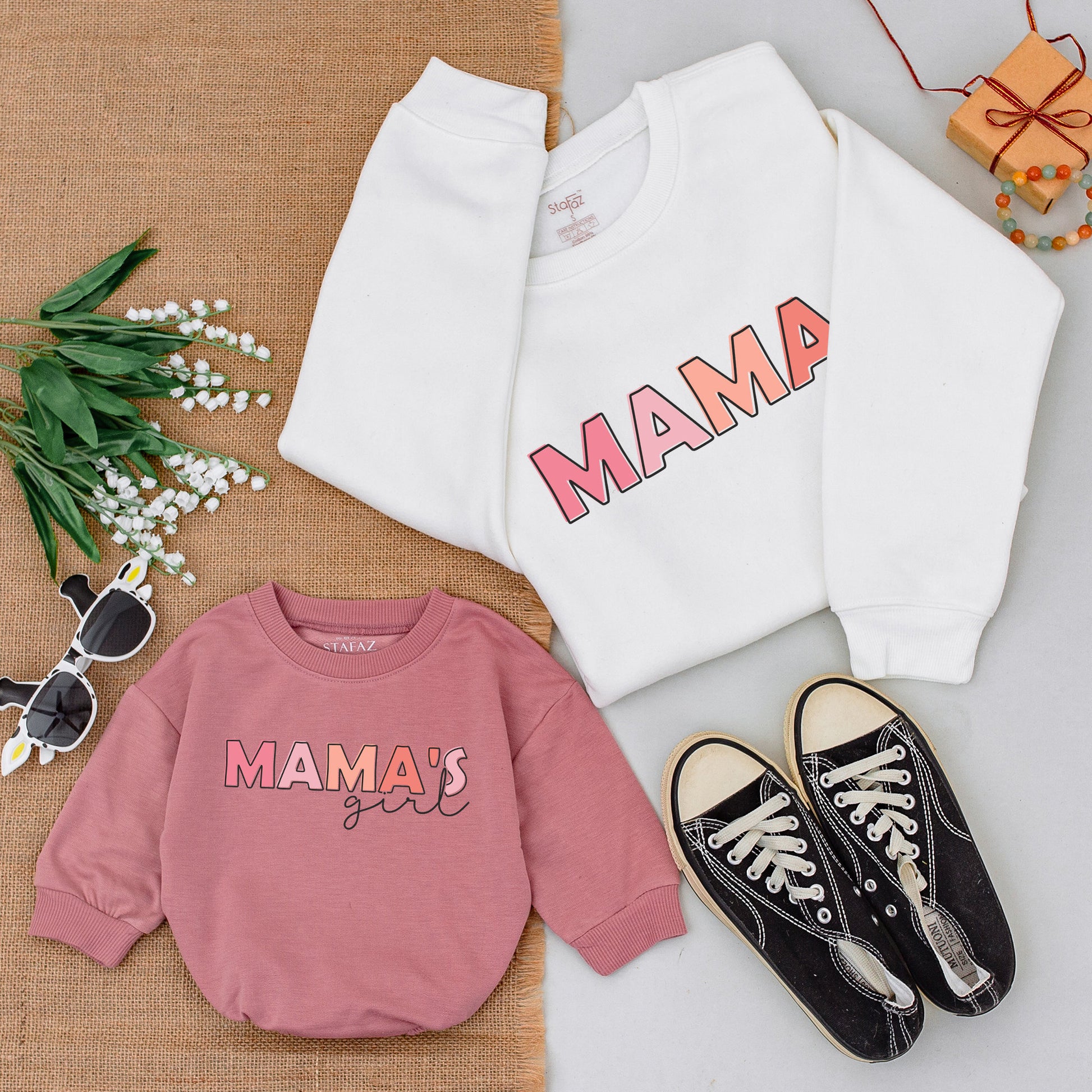 Matching Mama Mini Sweatshirts & Romper Mother Daughter Outfit Pink Gradient MAMA'S Girl Bold Blocky Simple Modern Soft Comfortable Baby Girl New Mom Gift