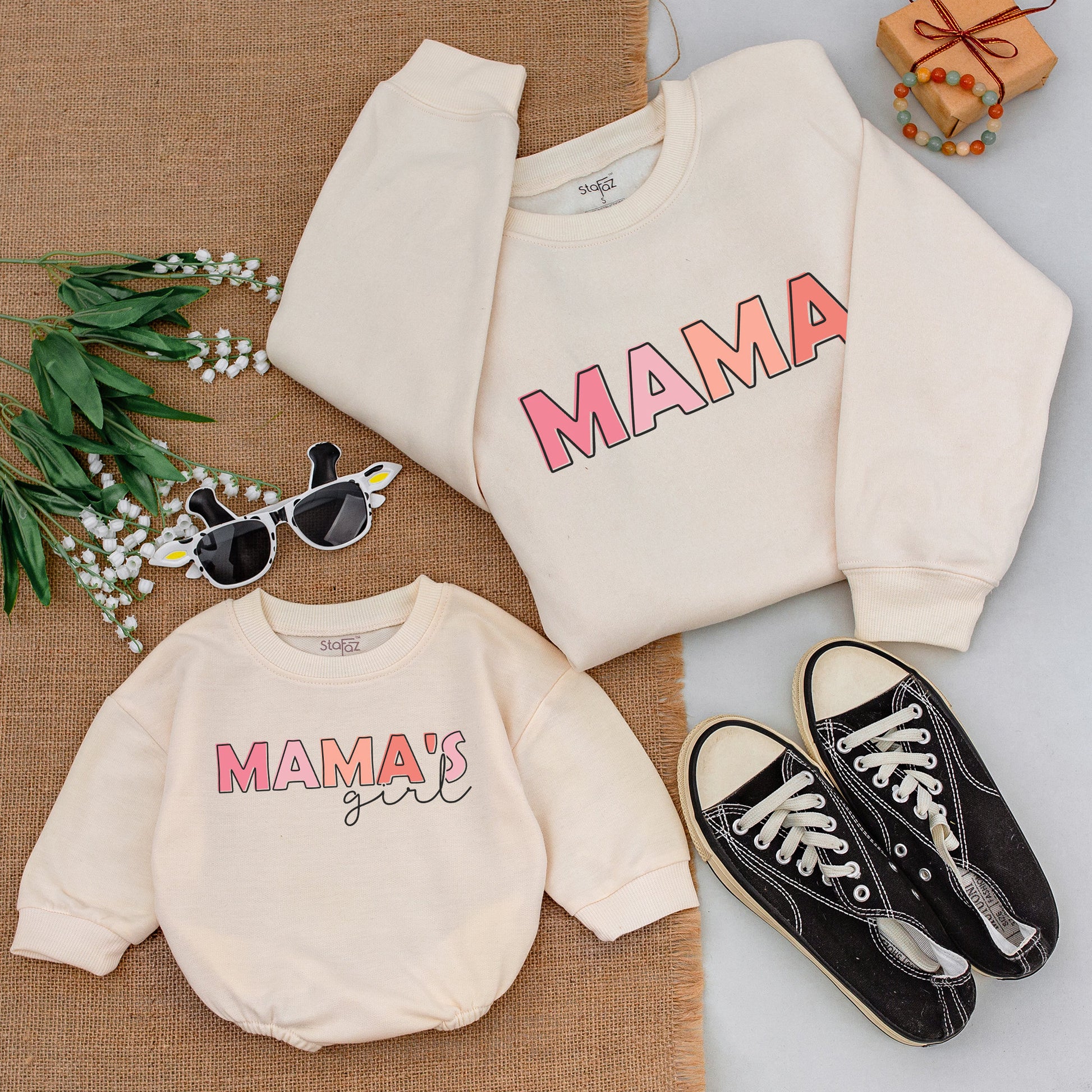 Matching Mama Mini Sweatshirts & Romper Mother Daughter Outfit Pink Gradient MAMA'S Girl Bold Blocky Simple Modern Soft Comfortable Baby Girl New Mom Gift