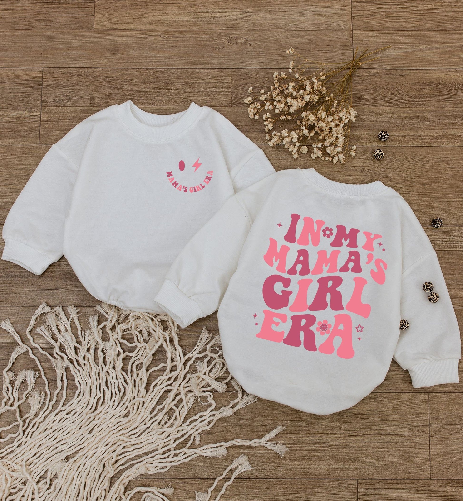 Mama's Girl Era Baby Romper Retro Newborn Outfit, Pink Smiley Face Bodysuit, Daughter Gift Stars Flowers, Funny Pregnancy Announcement Clothes (139 chars)