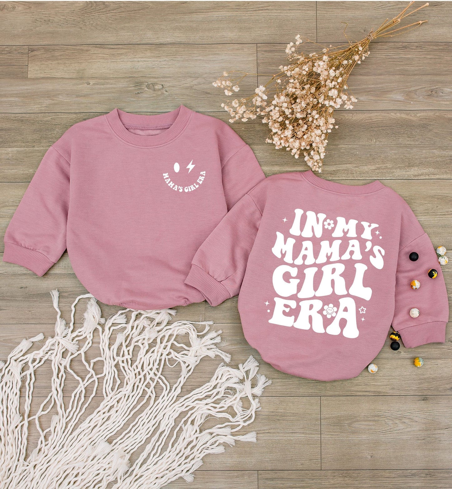 Mama's Girl Era Baby Romper Retro Newborn Outfit, Pink Smiley Face Bodysuit, Daughter Gift Stars Flowers, Funny Pregnancy Announcement Clothes (139 chars)