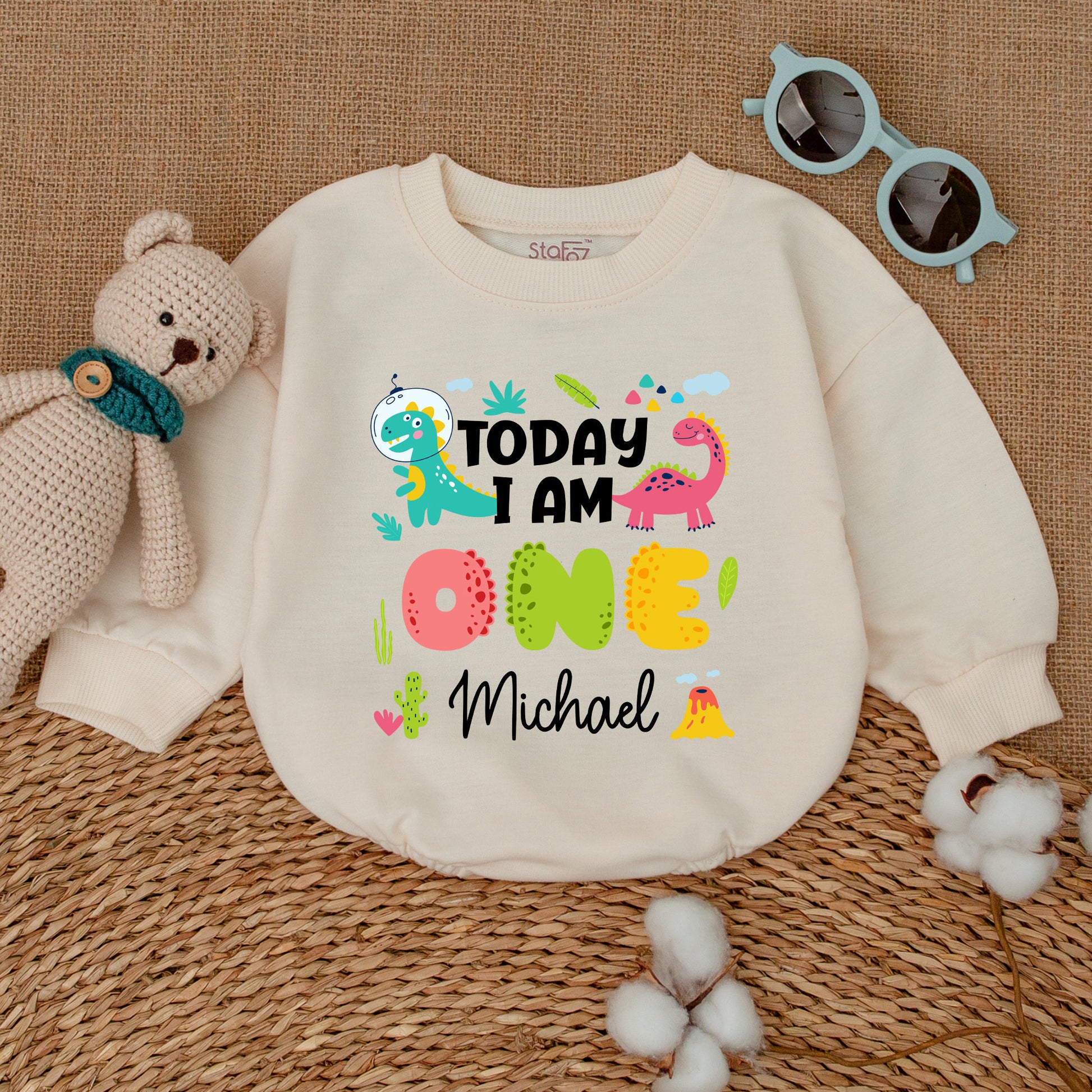 Personalized Today I Am One Dinosaur Birthday Romper with Playful Space Dino & Pink Dino for Baby Boy Newborn Cake Smash Outfit Adorable Colorful