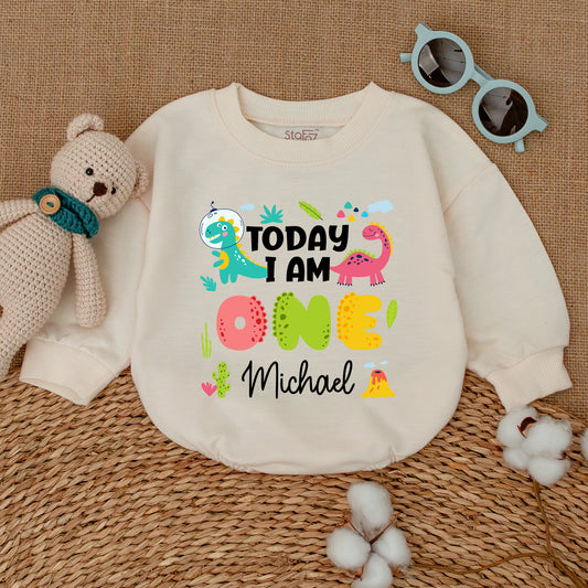 Personalized Today I Am One Dinosaur Birthday Romper with Playful Space Dino & Pink Dino for Baby Boy Newborn Cake Smash Outfit Adorable Colorful