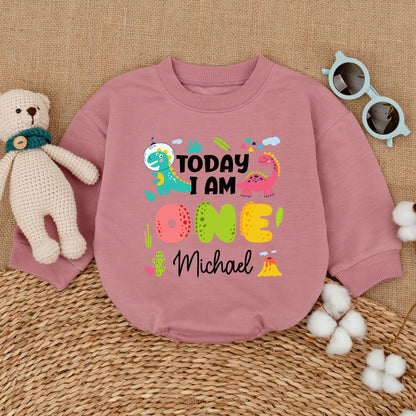Personalized Today I Am One Dinosaur Birthday Romper with Playful Space Dino & Pink Dino for Baby Boy Newborn Cake Smash Outfit Adorable Colorful