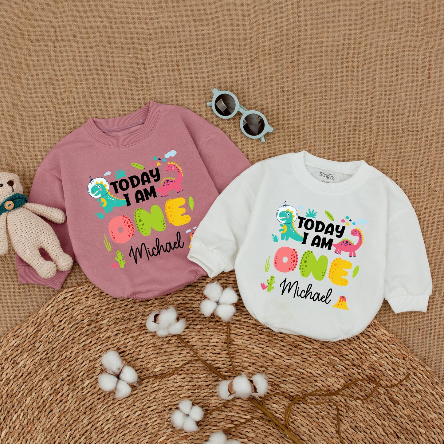 Personalized Today I Am One Dinosaur Birthday Romper with Playful Space Dino & Pink Dino for Baby Boy Newborn Cake Smash Outfit Adorable Colorful