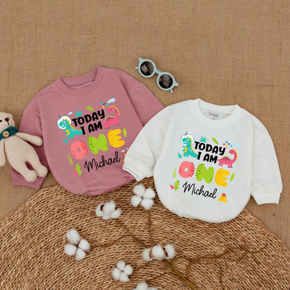Personalized Today I Am One Dinosaur Birthday Romper with Playful Space Dino & Pink Dino for Baby Boy Newborn Cake Smash Outfit Adorable Colorful