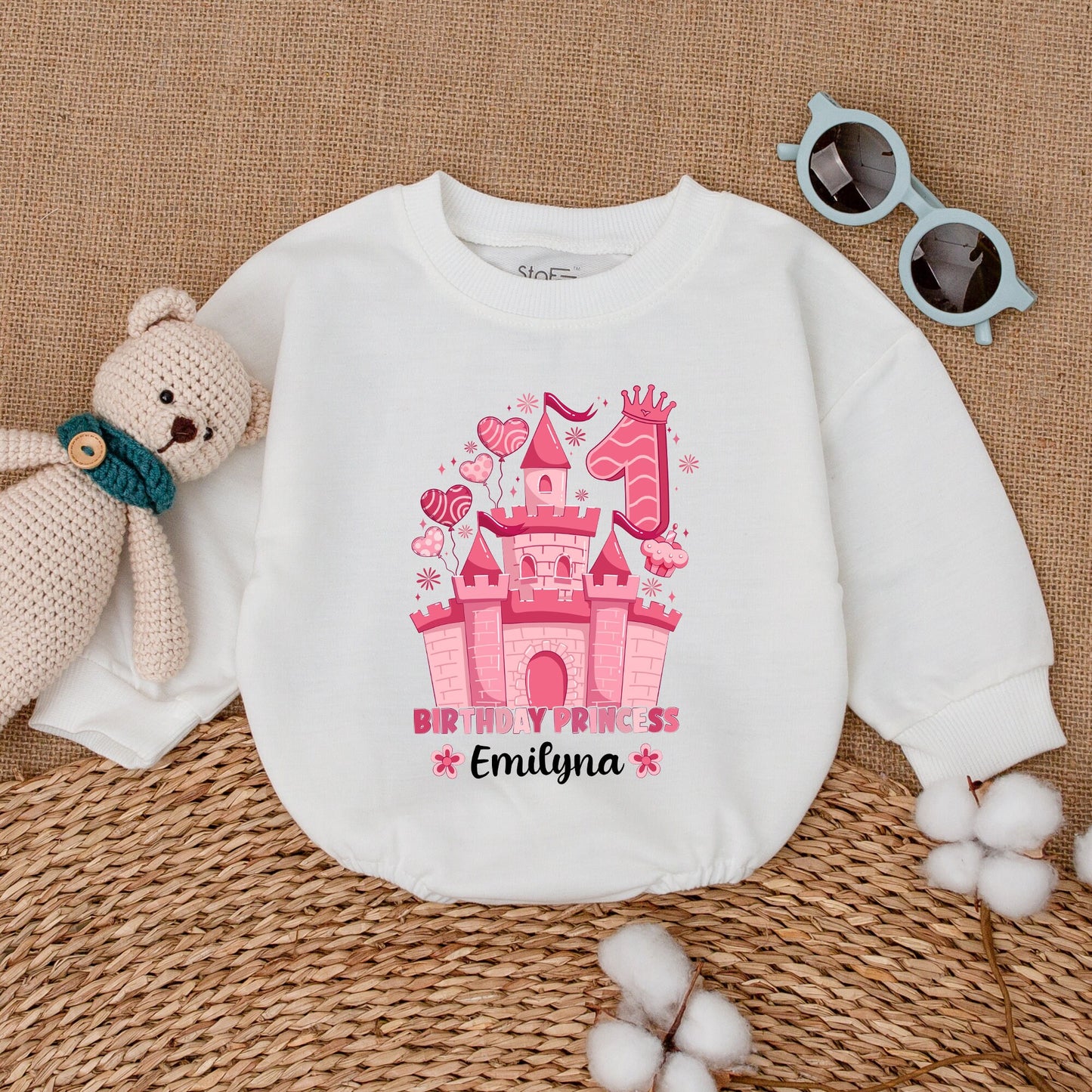 Personalized Pink Princess Castle First Birthday Romper Outfit, Baby Girl One Year Smash Cake Bodysuit with Name & Crown Design